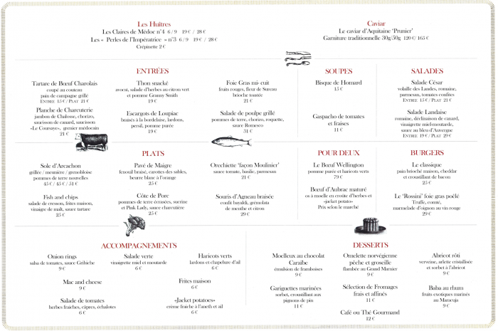 Voici la carte pour vous mettre l’eau à la bouche et vous faire une idée du budget à consacrer